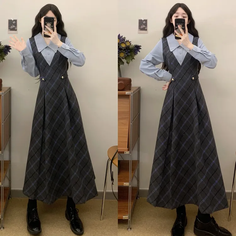 大码胖mm女装秋冬新款时尚收腰格纹a字长裙设计感衬衫拼接连衣裙