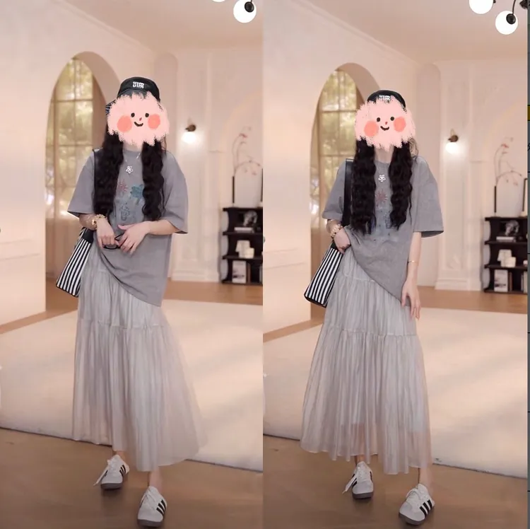 【雾纱漫舞】春夏秀款百搭显瘦T恤+高腰网纱半身裙两件套