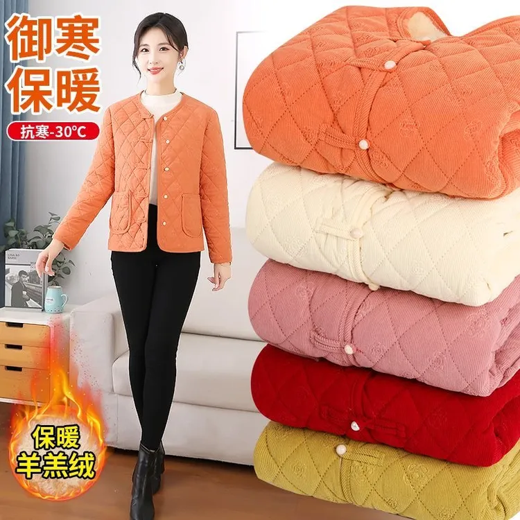 新款妈妈小香风外套秋冬宽松加绒时尚中老年外套加厚外套棉衣保暖