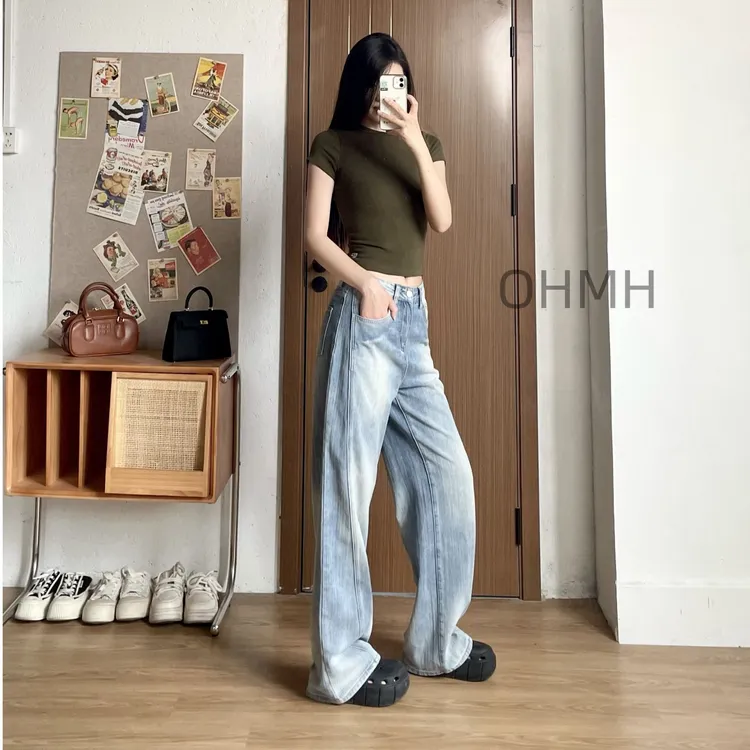 牛仔裤女新款夏季薄款简约中腰阔腿裤子垂感宽松显瘦拖地直筒裤