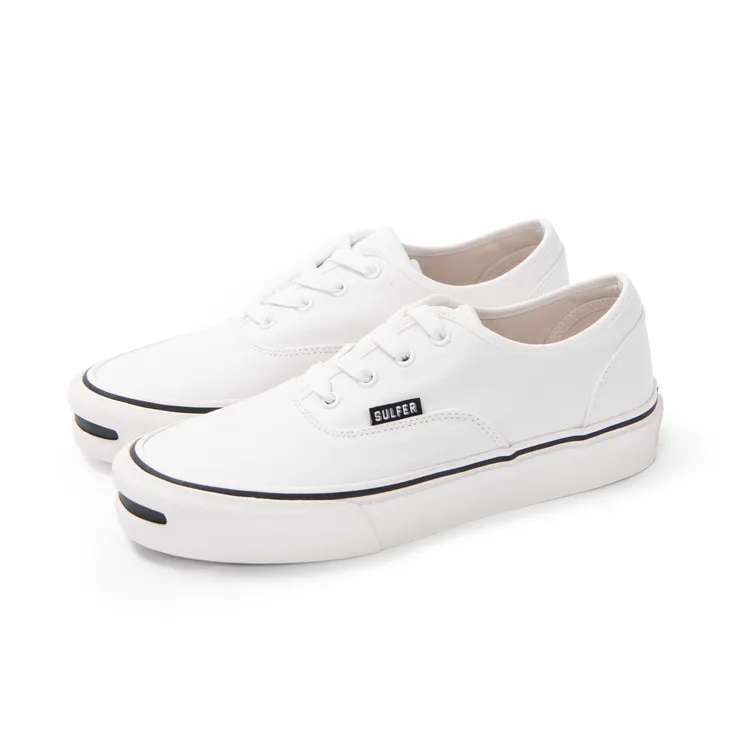 Sulfer白色开口笑平底系带帆布鞋时尚休闲百搭情侣款增高鞋低帮鞋