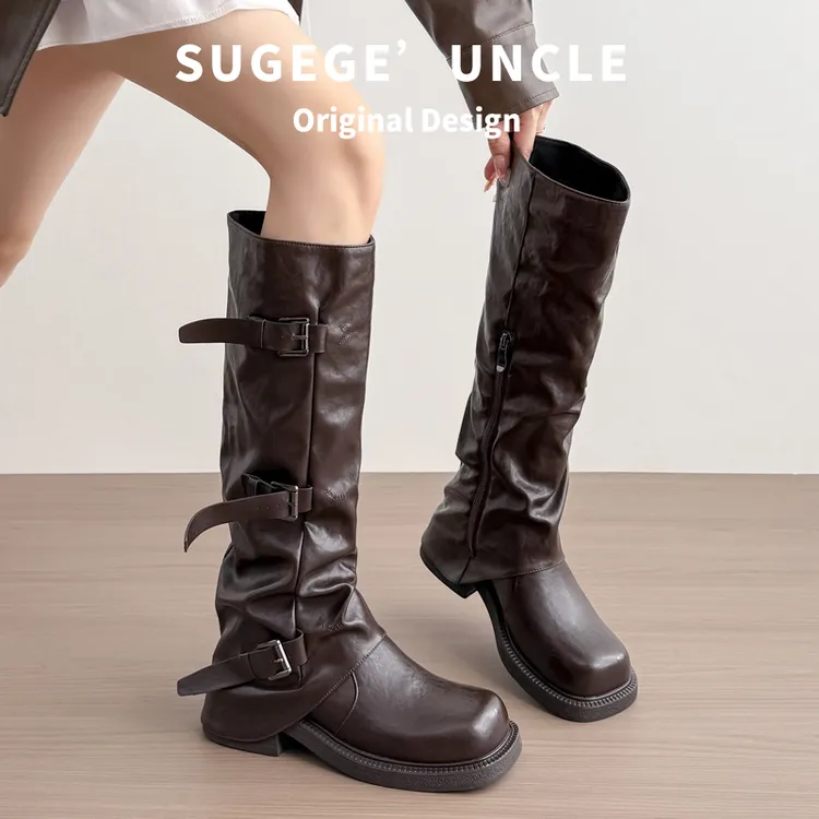 大筒围胖mm显瘦褶皱堆堆裤管长筒靴女厚底美拉德粗腿高筒骑士长靴