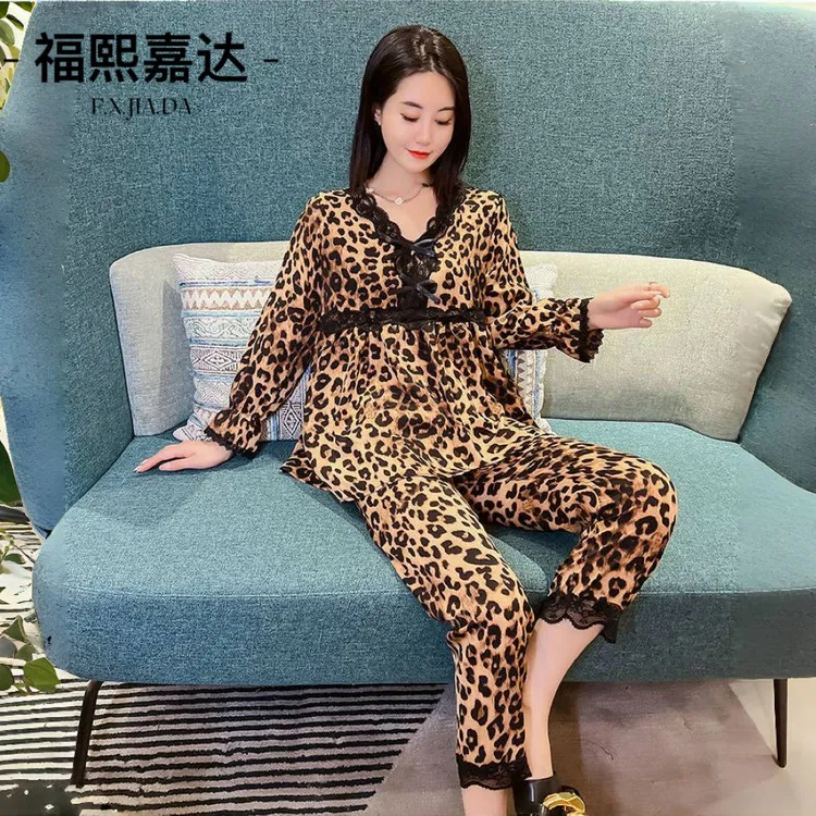 2025年春秋新款睡衣韩版宽松显瘦女拼接豹纹网红洋气家居服两件套