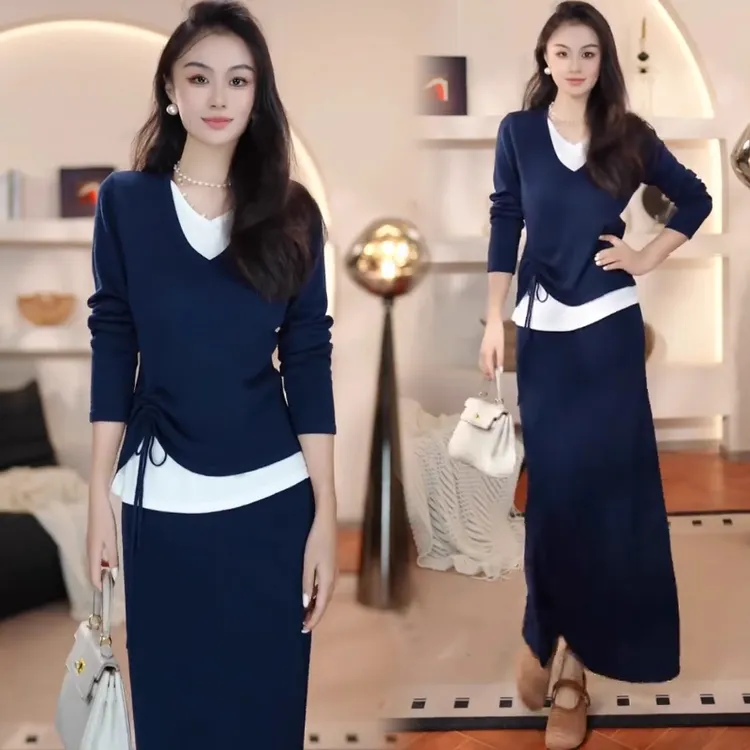 时尚套装裙女秋季新款洋气显瘦假两件针织上衣半身裙气质两件套潮