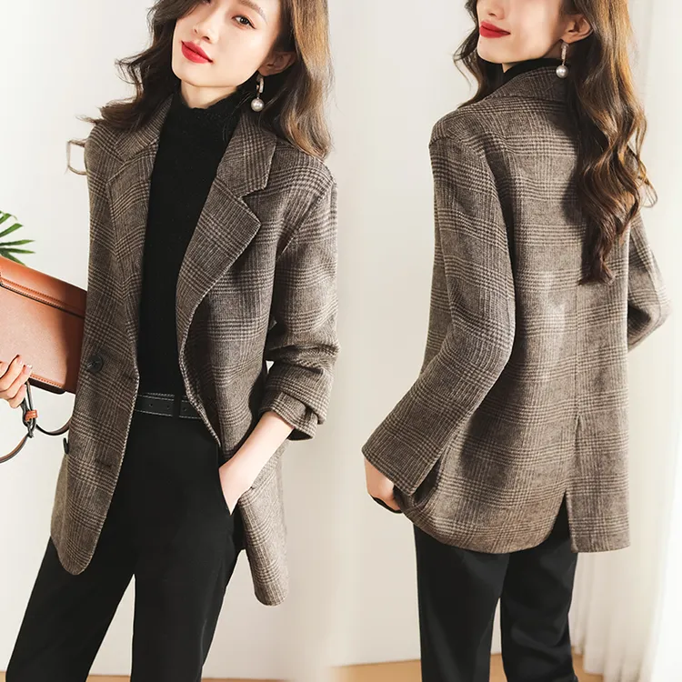 双面羊毛西装呢子短外套女春秋新款修身显瘦时尚气质格子西服大衣