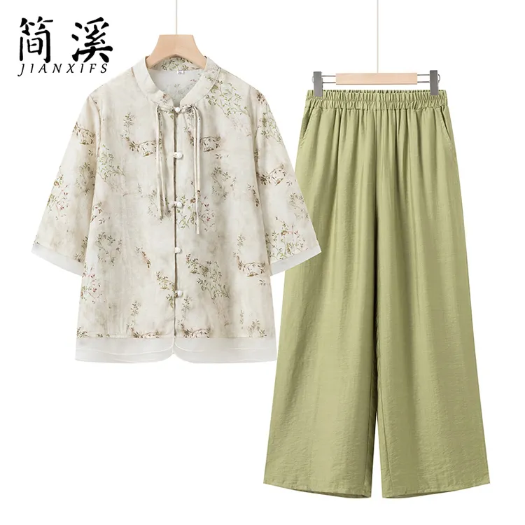 简溪母亲节妈妈夏装套装女中老年人两件套老太太衬衫裤子老人衣服