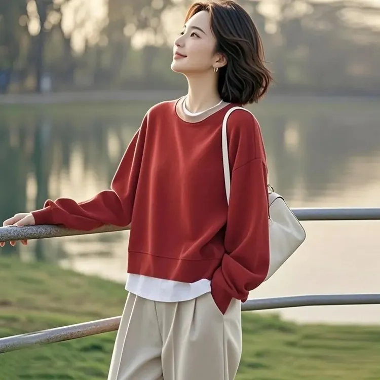 爆款韩系桔红色拼接卫衣女2025春秋季外穿时尚百搭假两件上衣显瘦