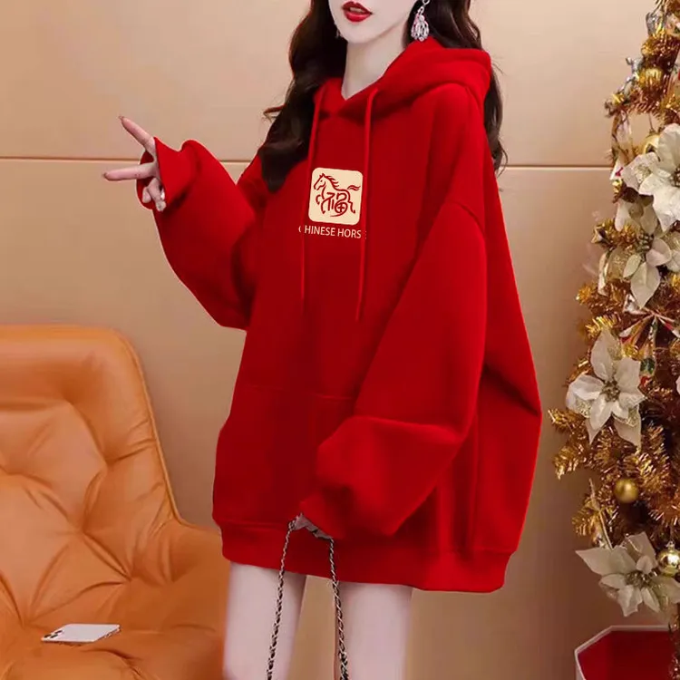 马年福到喜庆印花红色连帽卫衣女2026本命年新年衣服加绒长袖上衣