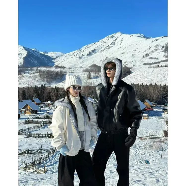 座山雕白色pu皮连帽棉服男款冬季高级感痞帅加厚夹棉保暖棉衣外套