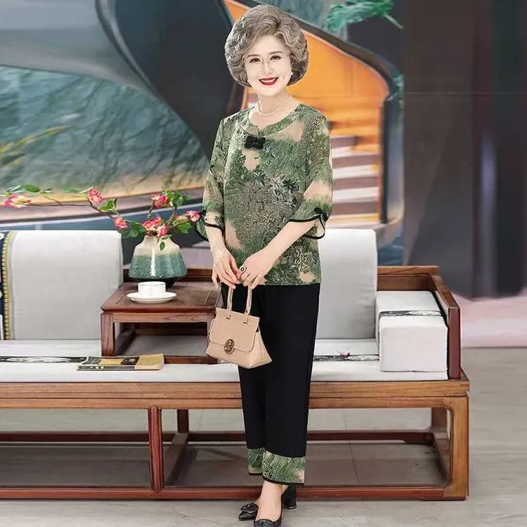8935-新款妈妈装时尚弹力宽松显瘦两件套夏季套装女【张必学】