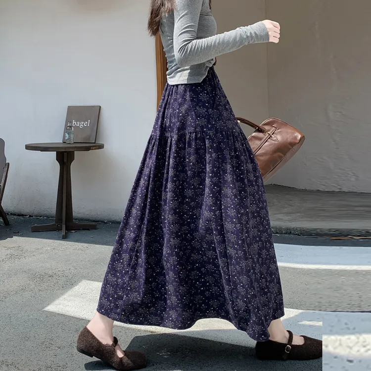 藏青色碎花半身裙女秋季新款高腰显瘦气质a字半裙拼接垂感长裙子