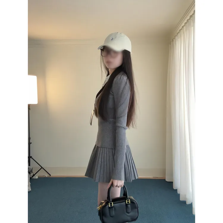 韩系假两件针织衫上衣百褶半身短裙子套装女设计感小众两件套秋季
