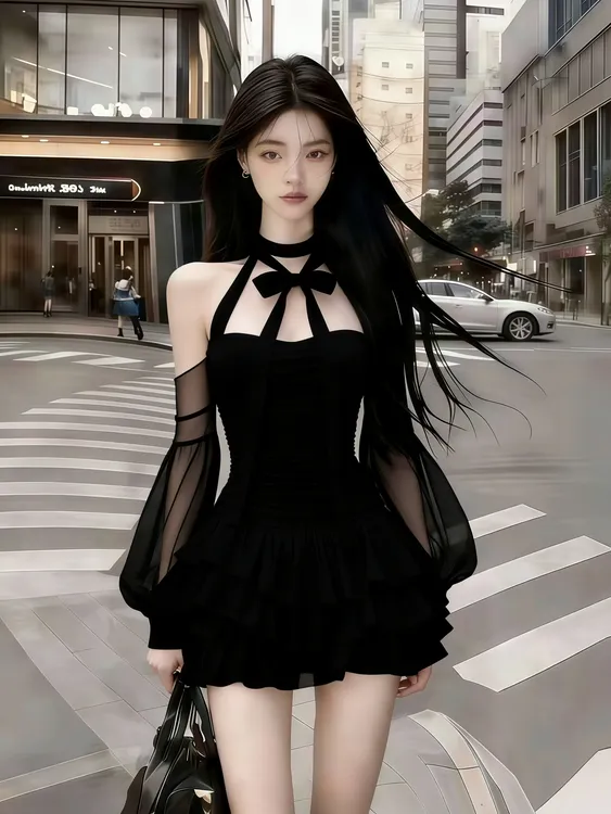 轻奢时尚气质高级千金风黑色圆领挂脖露肩网纱褶皱长袖收腰连衣裙