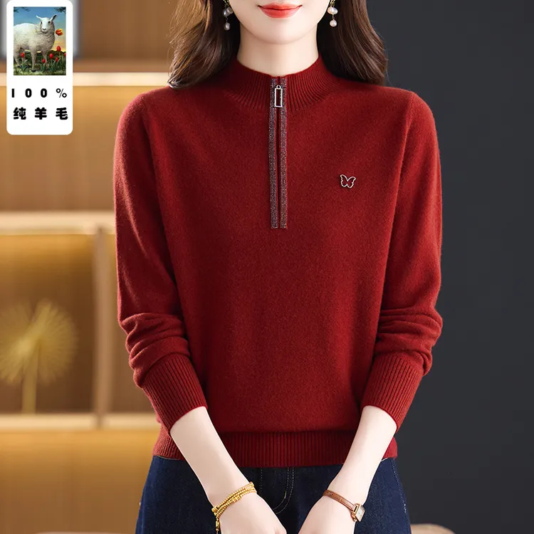 时尚妈妈秋冬100%纯羊毛保暖套头羊毛衫中老年纯色百搭毛衣内搭女