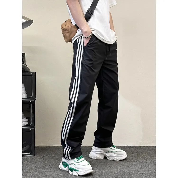男裤夏季新款条纹速干休闲裤子百搭潮牌宽松直筒长裤三道杠运动裤