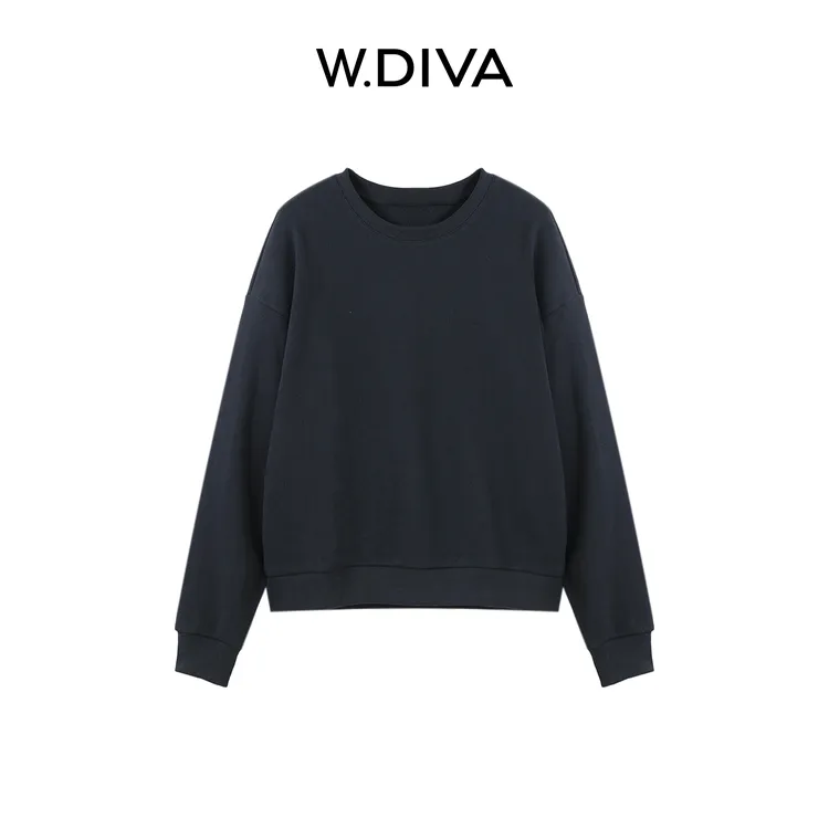 W.Diva【织梦】秋季简约百搭基础款落肩圆领长袖卫衣休闲53T172975