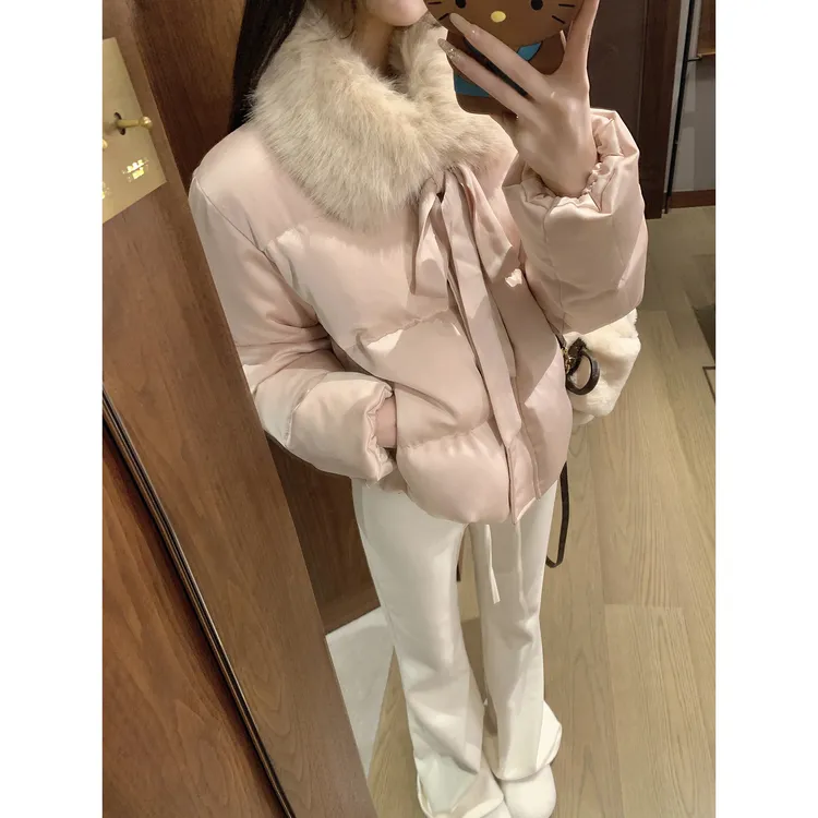 韩系毛领缎面巨好看棉服女短款冬季富家千金洋气减龄休闲棉衣外套