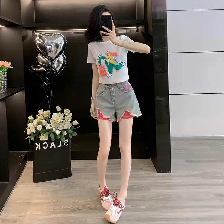 超火巨好看多巴胺休闲运动套装女夏季活泼减龄短袖牛仔短裤两件套