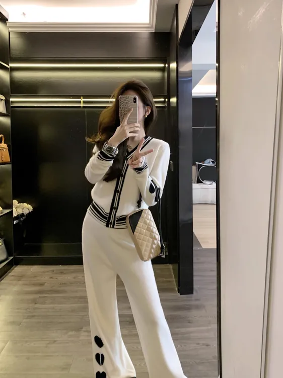 秋冬新款潮流休闲服韩版高级感气质提花撞色针织衫时尚休闲裤套装