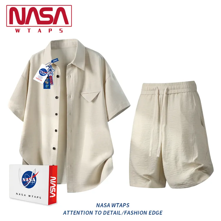 NASA WTAPS美式翻领POLO衫短袖短裤夏季宽松冰丝男士运动休闲套装