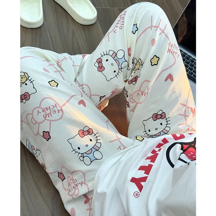 薄款可爱印花遛弯裤卡通动漫睡裤云朵棉长裤休闲家居裤女宽松裤子