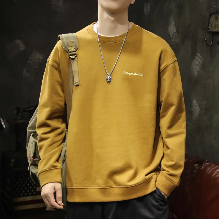 潮牌卫衣男士2025春秋新款黄色针织上衣纯棉长袖圆领打底衫T恤男