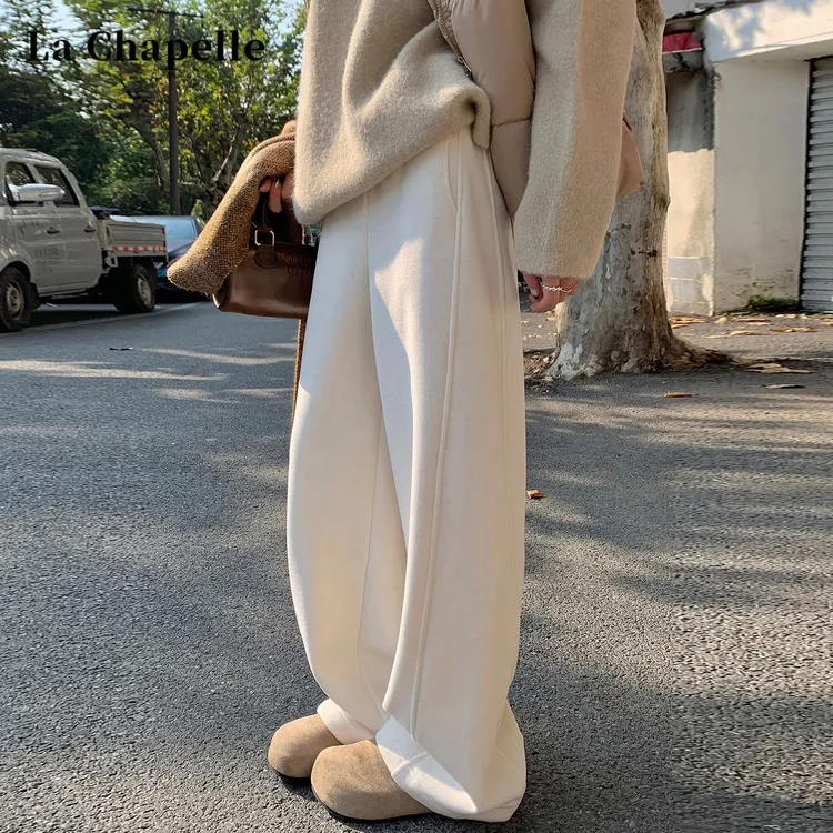 拉夏贝尔米白色加绒针织弯刀裤女冬季香蕉卫裤垂感休闲糯米阔腿裤