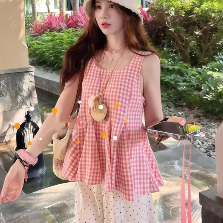 格格仙巫~法式收腰显瘦设计感格纹吊带背心夏季韩系甜美百搭上衣