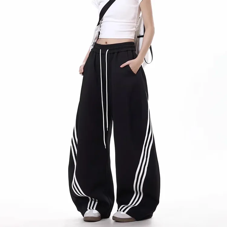 美式复古街头三条杠阔腿裤弯刀卫裤女春夏宽松休闲裤撞色运动裤子