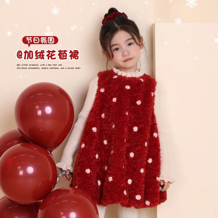 YAMIO杨梅家2025冬季新款儿童女童装加绒波点加厚背心裙CF4155