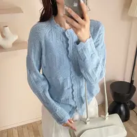 秋季新款针织开衫女纯色洋气宽松镂空毛衣外套韩版百搭长袖