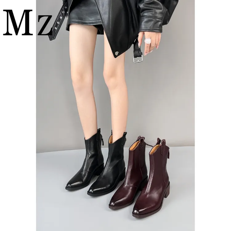 Mr.Zheng/4.5cm/粗跟小方头V口后拉链西部靴秋冬新款英伦风女短靴