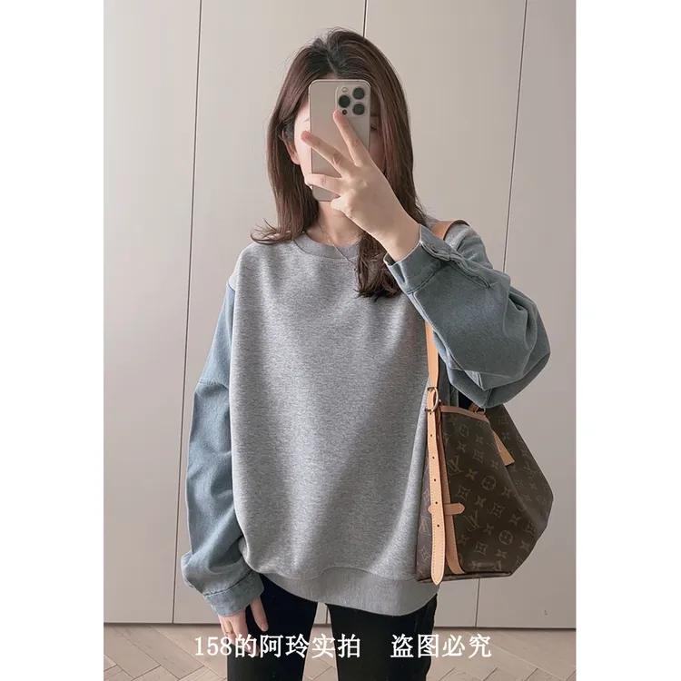 【阿玲实拍】 拼牛仔卫衣女2025春季新款宽松套头上衣百搭慵懒风
