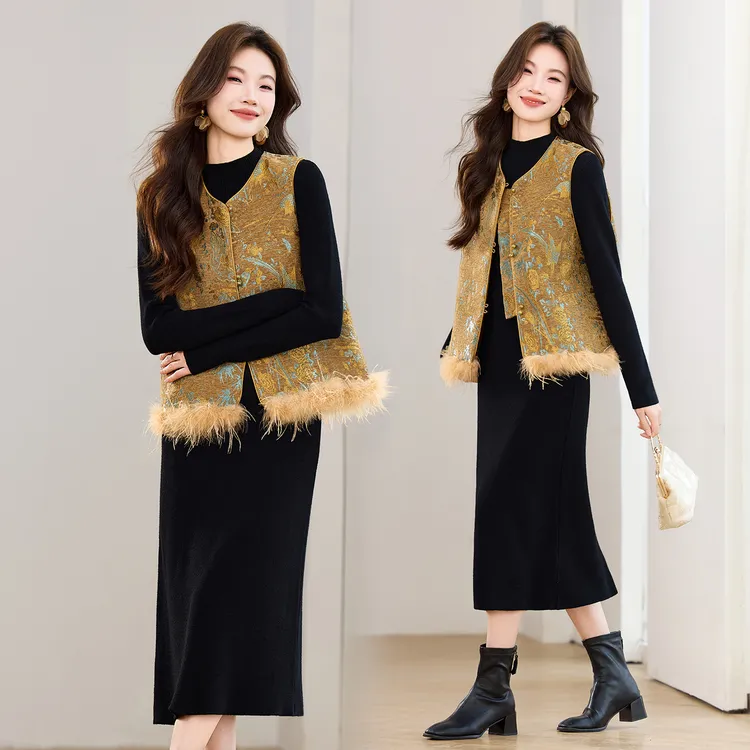 新中式国风夹棉提花马甲套装女2025冬季新款洋气时髦连衣裙两件套