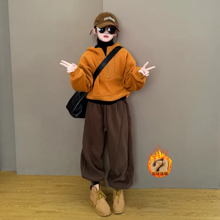 女童2025新款儿童秋冬季韩系时尚加绒帽衫卫衣休闲卫裤两件套潮酷