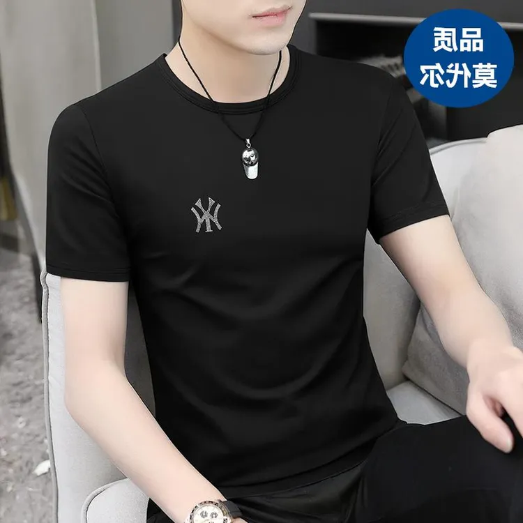 高端莫代尔冰丝短袖t恤男夏季透气速干字母烫钻修身圆领半袖上衣