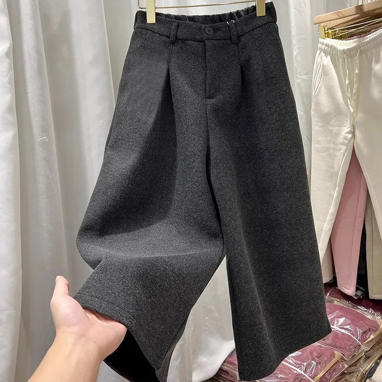 高端八分毛呢阔腿裤女冬加绒加厚小个子宽松直筒裤休闲洋气奶奶裤