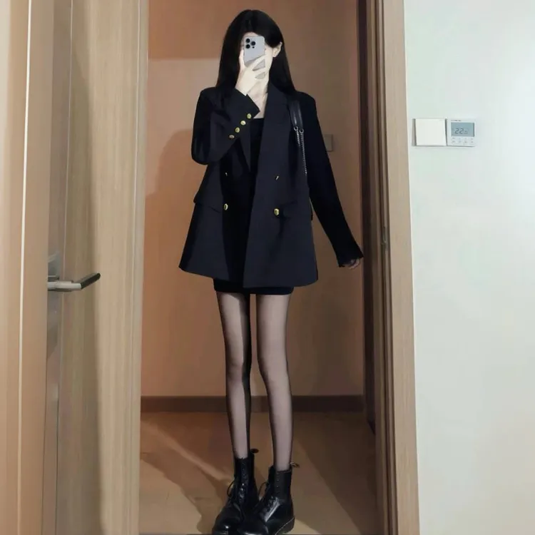 高级感春秋季小个子百搭复古宽松显瘦西装外套女休闲气质黑色西服