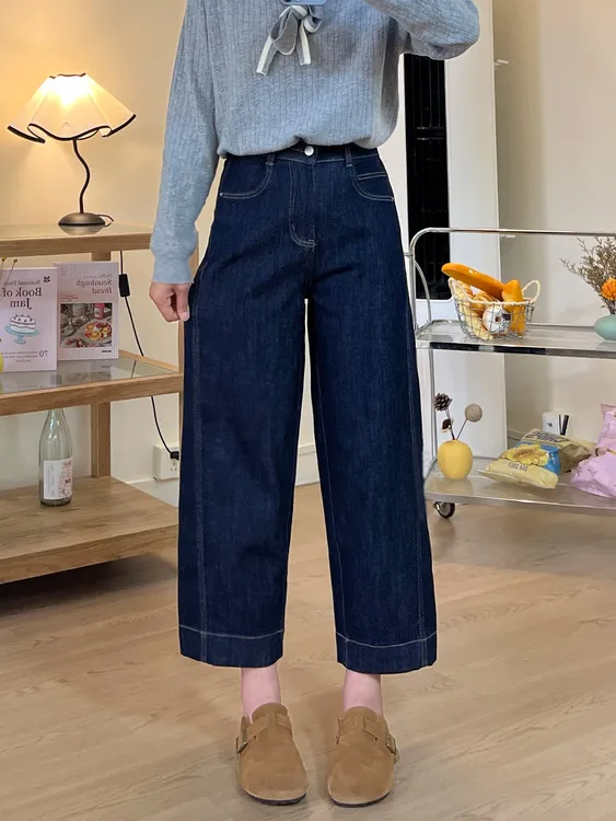 丹宁蓝阔腿牛仔裤女款爆款2025新款秋季胖mm高腰显瘦九分直筒裤子