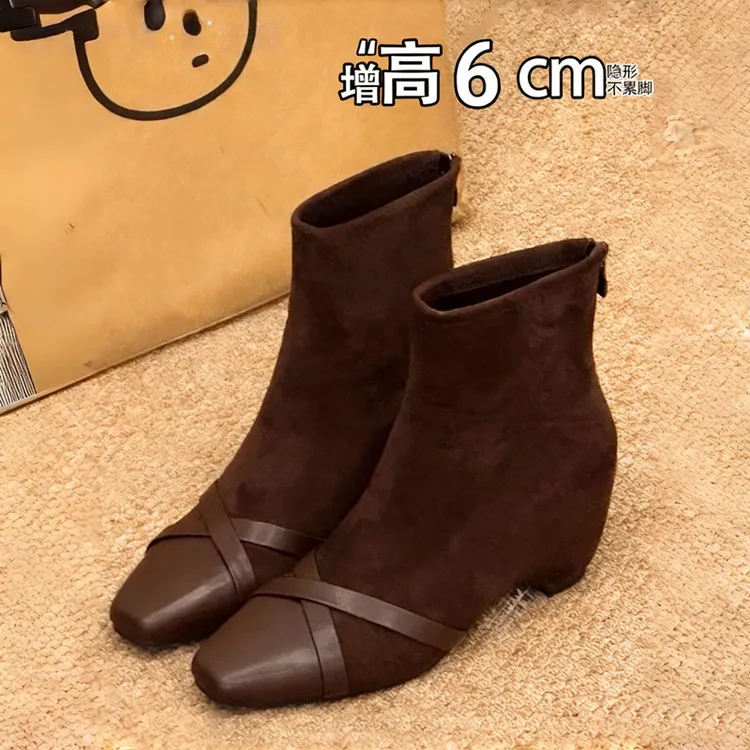 啄木鸟·内增高6cm猫跟韩系交叉小方头短靴女秋冬新款弹力瘦瘦靴