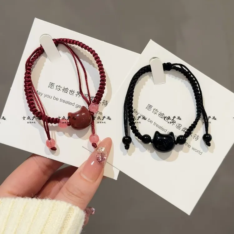 非金属布艺手链 网红黑猫手链红猫精致编织手绳简约甜美