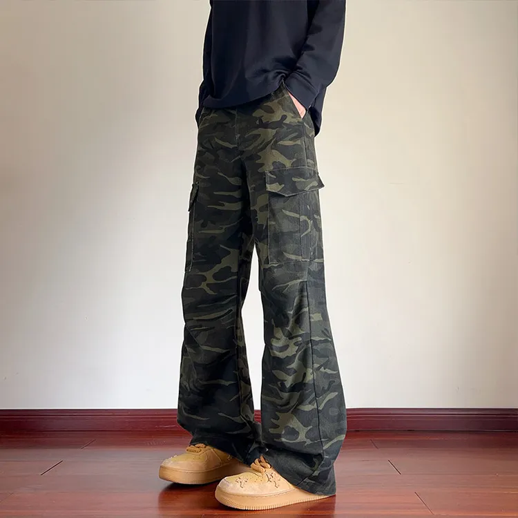 美式复古vibe微喇迷彩工装裤男女宽松直筒显高弯刀多口袋长裤