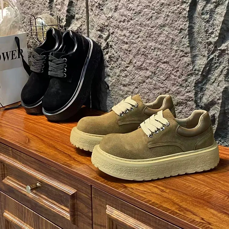 厚底英伦风复古低帮潮鞋休闲皮鞋系带车缝线增高圆头