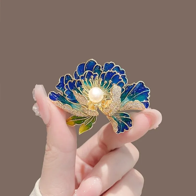 锌合金珐琅胸针 高档牡丹花胸针女精致国潮新中式旗袍大衣胸花