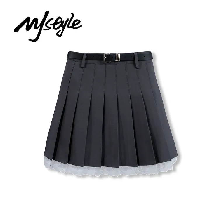 美式高腰西装面料小众设计感蕾丝花边A字半身裙百褶裙显瘦防走光