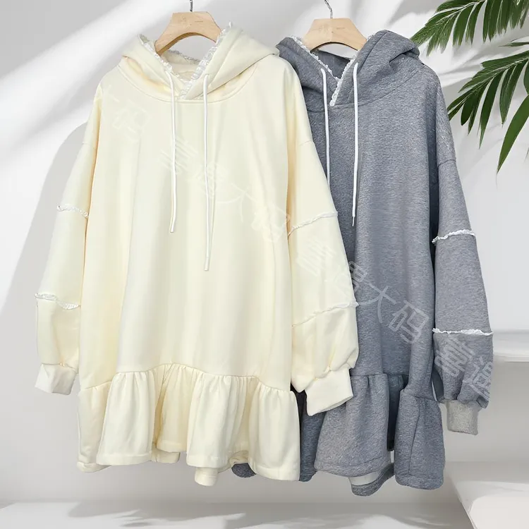 韩系蕾丝连帽卫衣大码连衣裙女宽松显瘦设计感小众减龄外穿秋季款