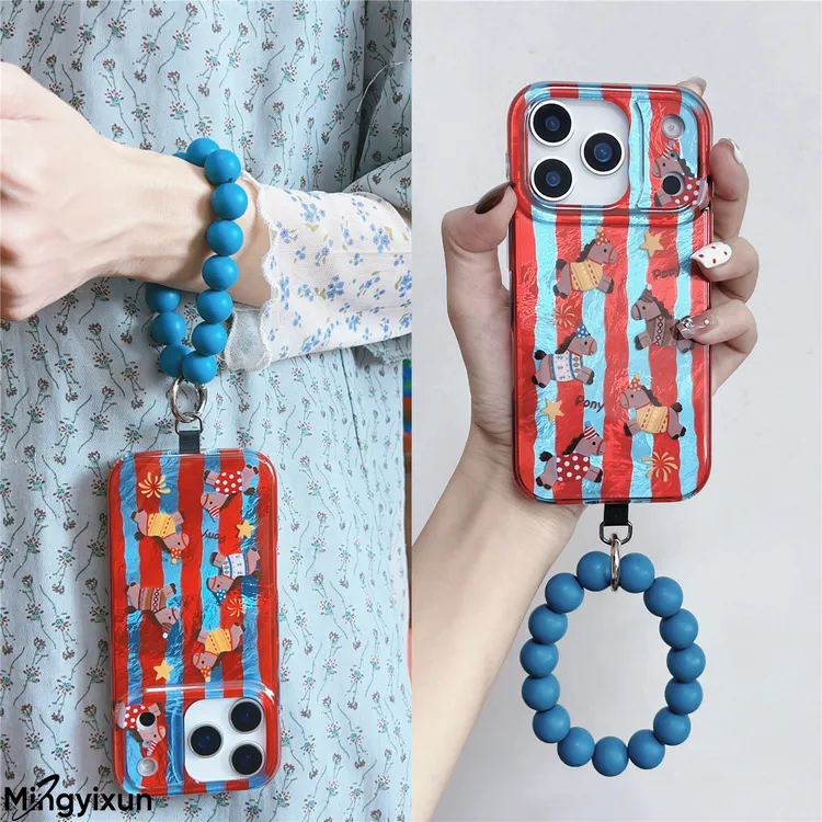 红蓝条纹卡通马适用苹果17promax挂绳串珠iphone16pro手机壳15/14