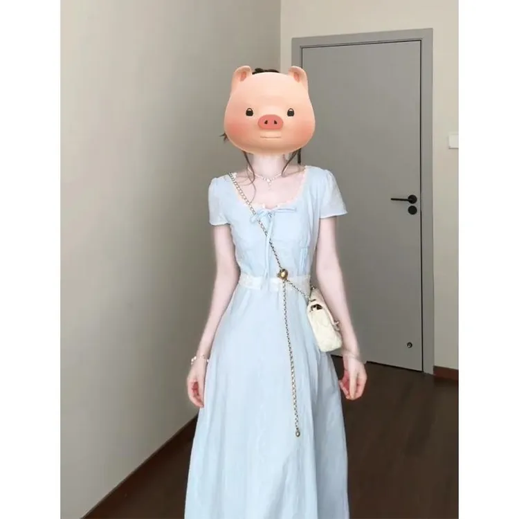 连衣裙2025夏季新款法式气质方领花边短袖系带收腰中长款百搭裙子