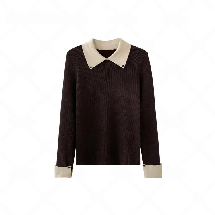 Polo领拼接撞色长袖针织衫女内搭打底衫修身毛衣针织衫上衣G9-51