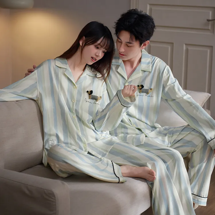 马克公主情侣睡衣女春秋新款纯棉长袖油画条纹男士可爱小狗家居服